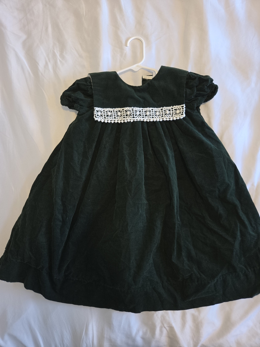 Velvet Girls' Dress with White Lace Yoke - Dark Green